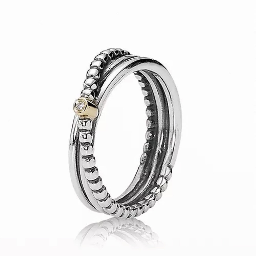 Pandora 925 Silver and 14K Gold Ring with Diamond Accent Beaded Ring Size 8.25